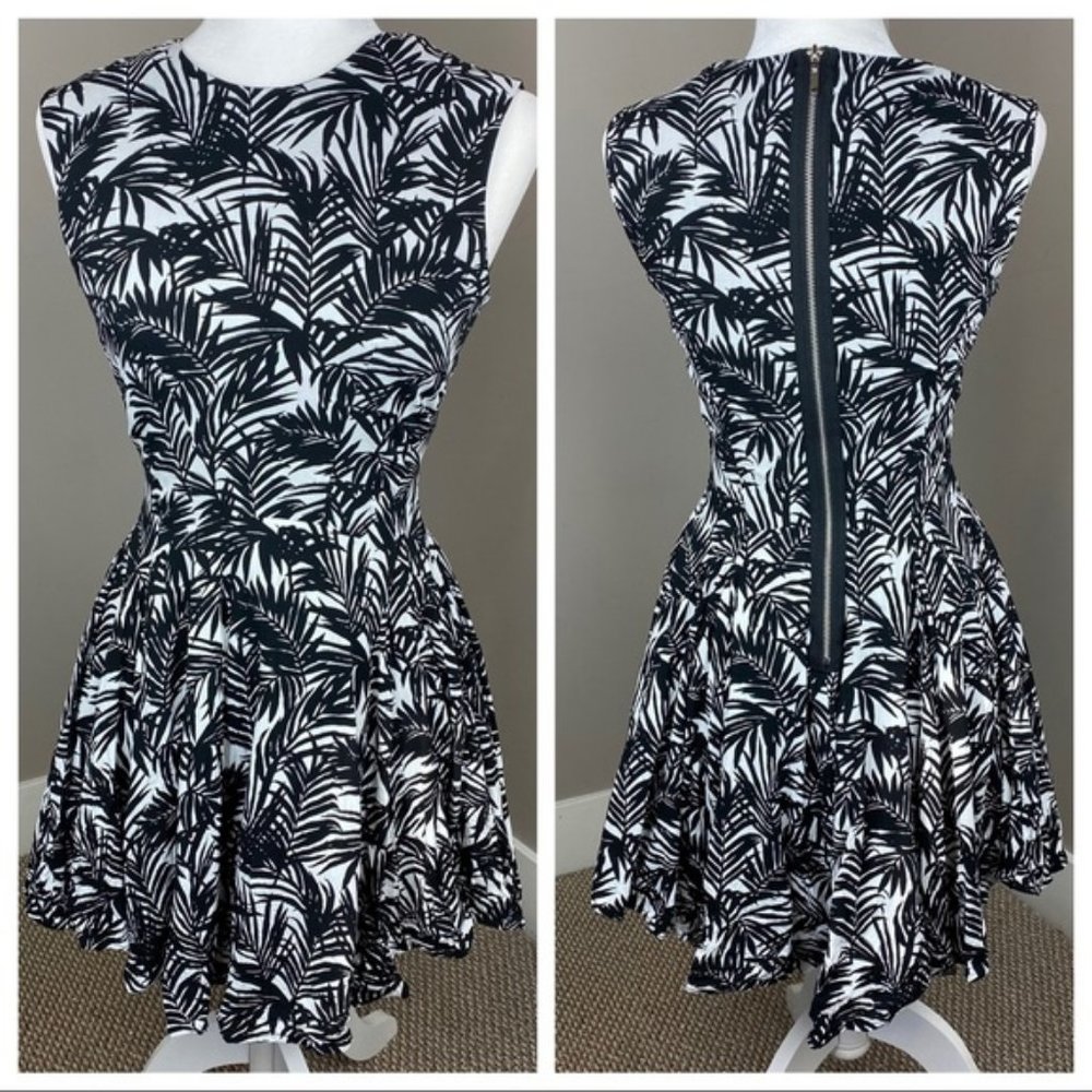 H&M BLACK WHITE LEAF PRINT SLEEVELESS RUFFLE DRESS